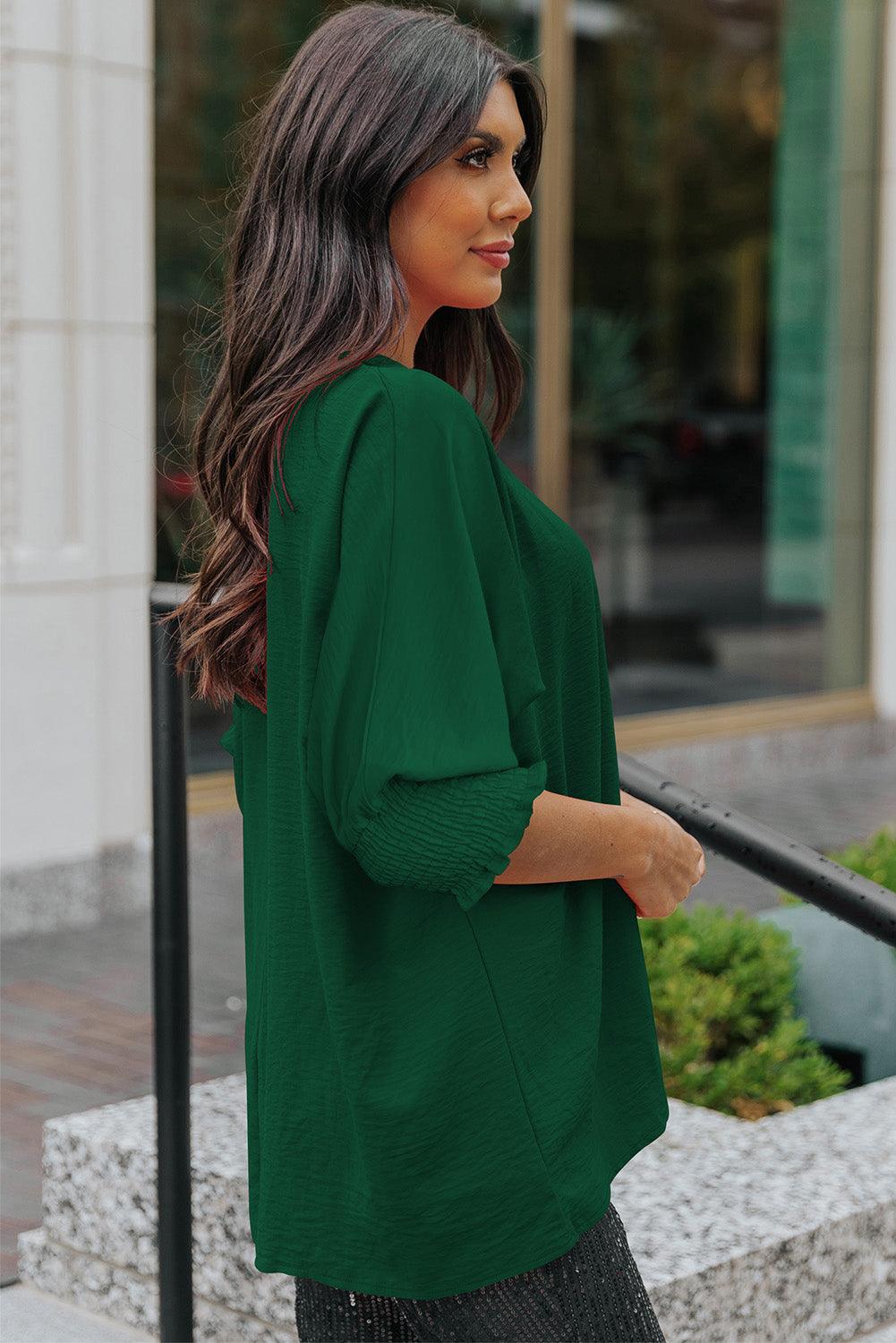 White Plain & Casual Shirred Cuffs Half Sleeve Top - The Fair Lady Shop