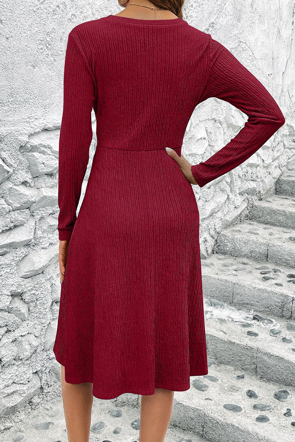 Burgundy Cross Wrap Long Sleeve Textured Dress - The Fair Lady Shop