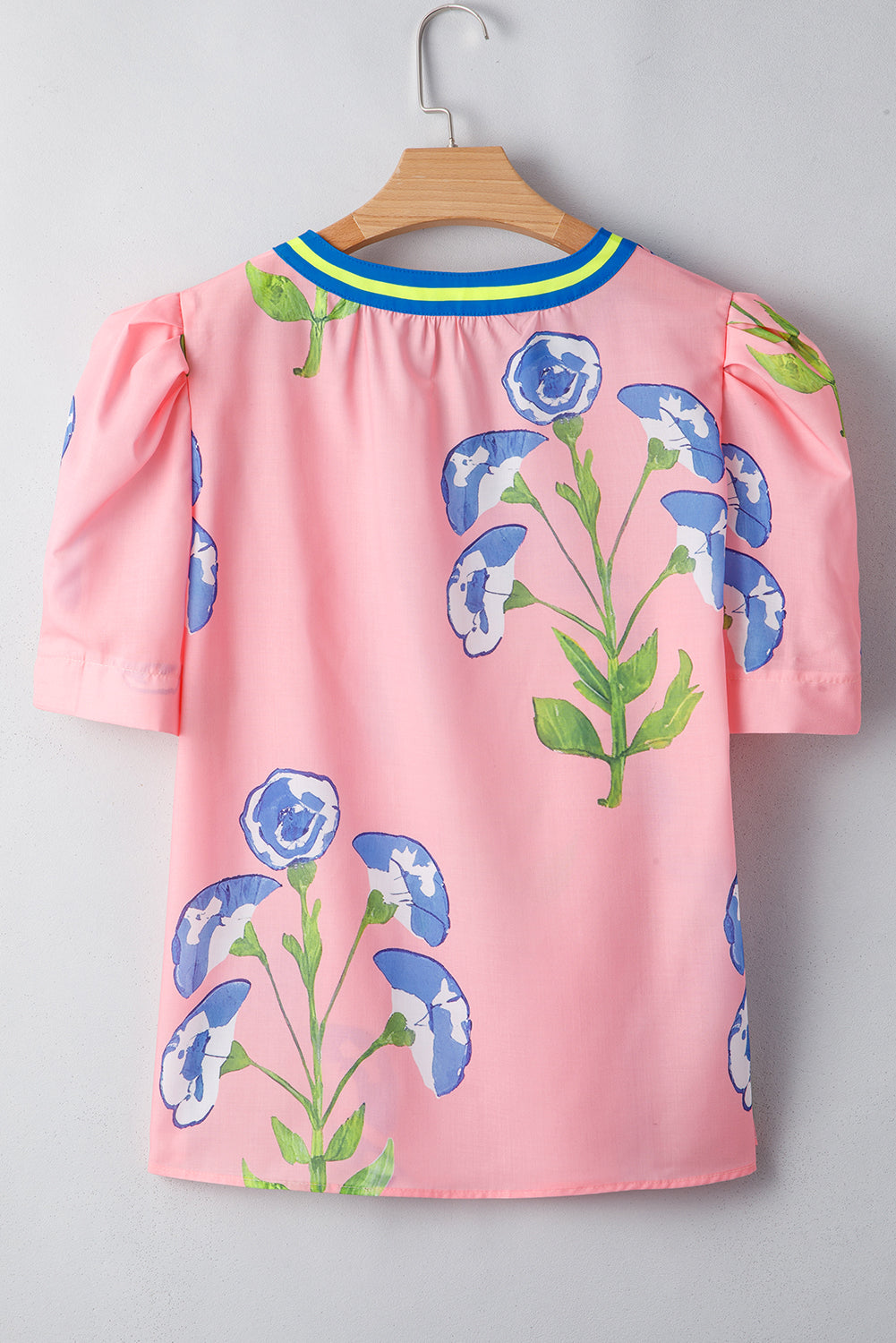 Pink Puff Sleeve Floral Pop of Color Neckline Blouse - The Fair Lady Shop