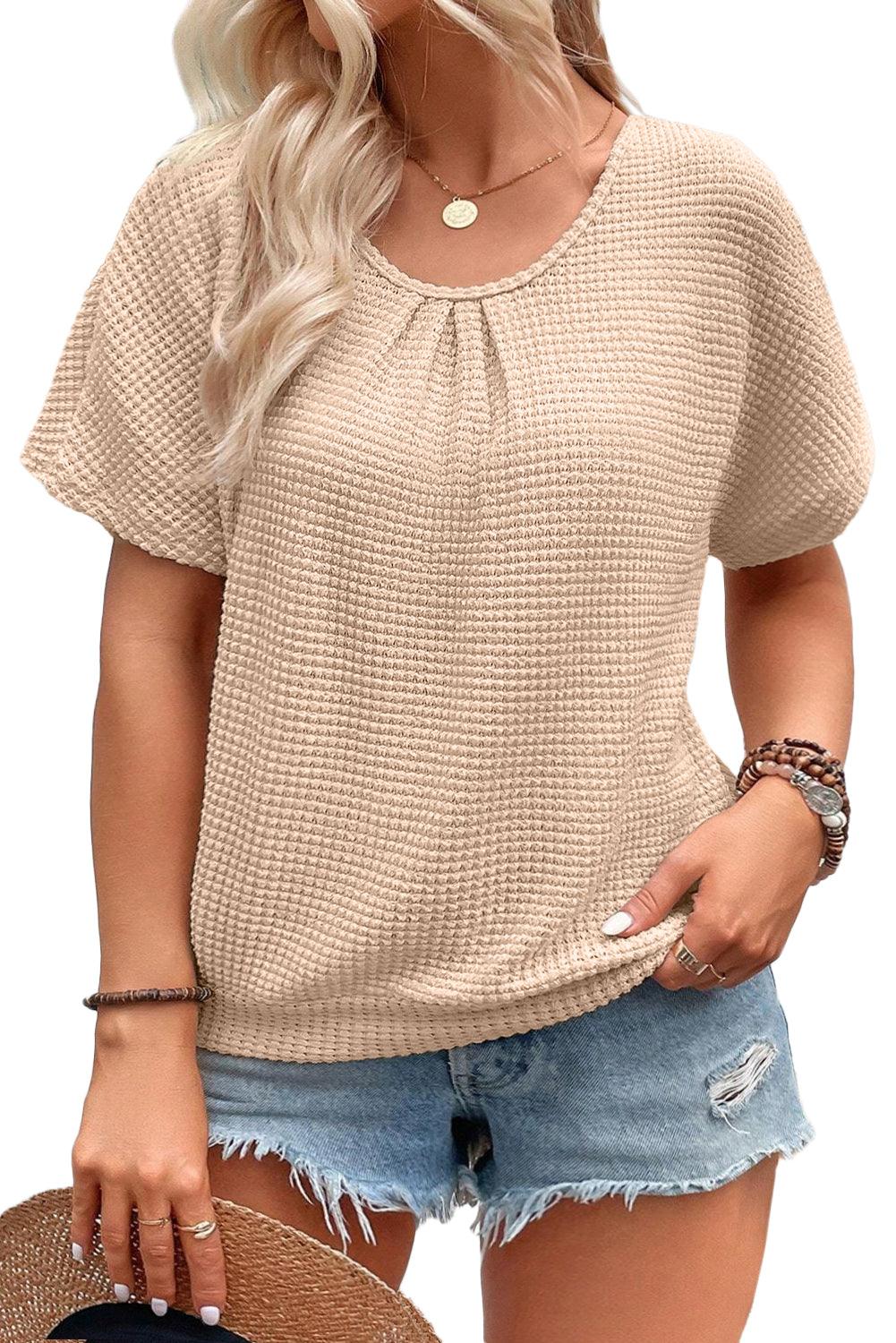 Beige Hollowed Lace Applique Plus Size Waffle T Shirt - The Fair Lady Shop