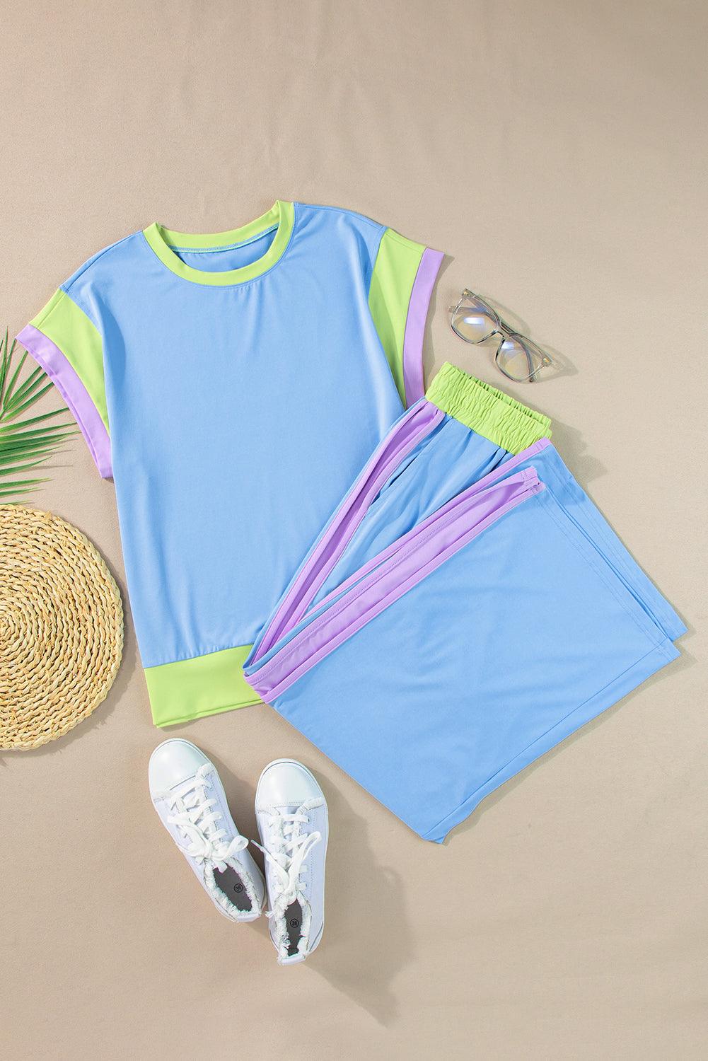 Chestnut Colorblock Cap Sleeve Tee and Wide Leg Pants Set - The Fair Lady Shop