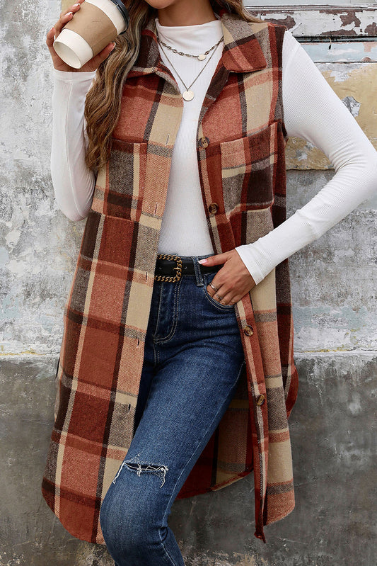 Cinnamon Mid Length Sleeveless Plaid Vest Jacket - The Fair Lady Shop