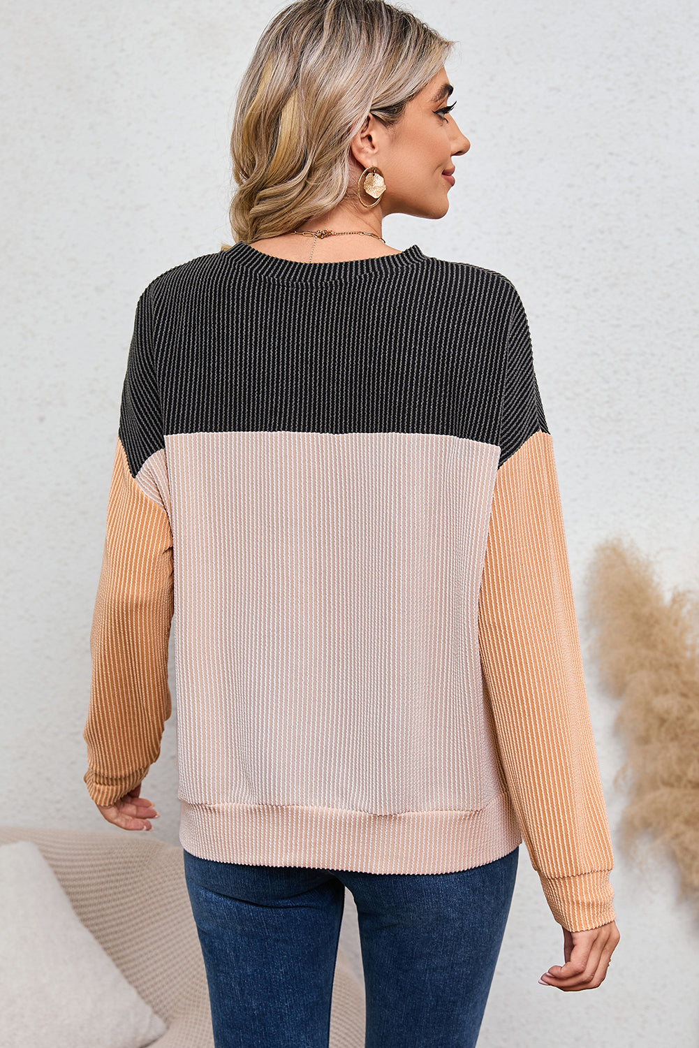 Black Ribbed Color Block Long Sleeve Top - The Fair Lady Shop