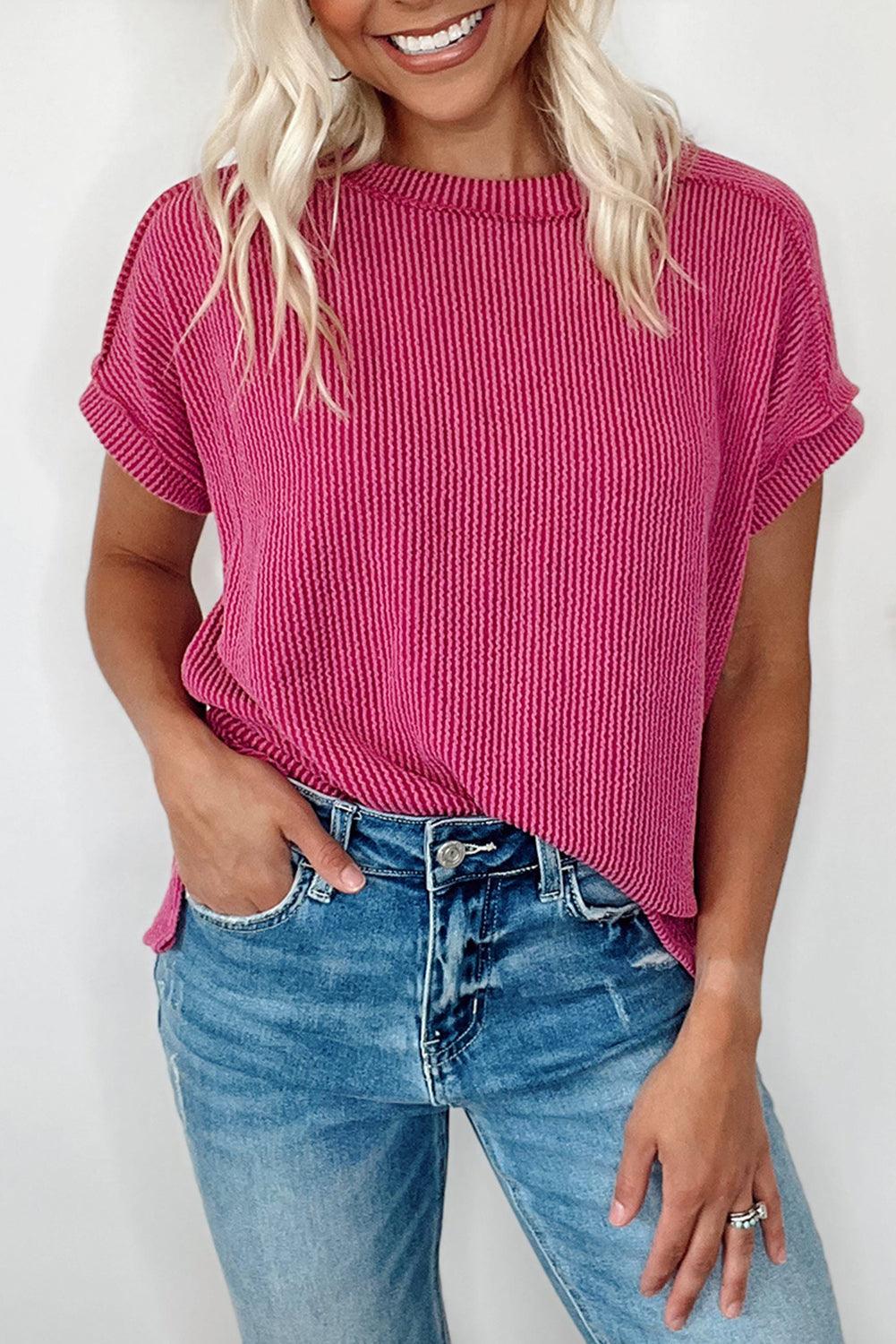 Medium Grey Ribbed Knit Exposed Seam Round Neck T-shirt - The Fair Lady Shop