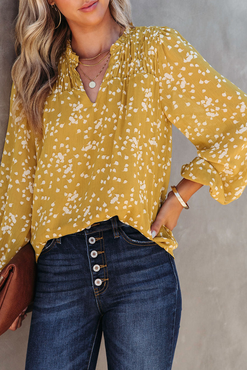 Yellow Frill Split V Neck Boho Crinkled Blouse - The Fair Lady Shop