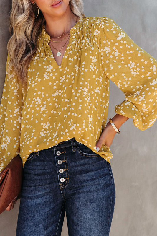 Yellow Frill Split V Neck Boho Crinkled Blouse - The Fair Lady Shop