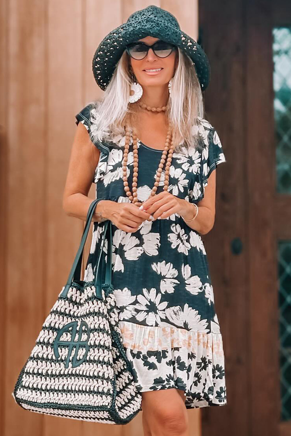 Dark Green Floral Print Ruffle Sleeve Empire Waist Mini Dress - The Fair Lady Shop