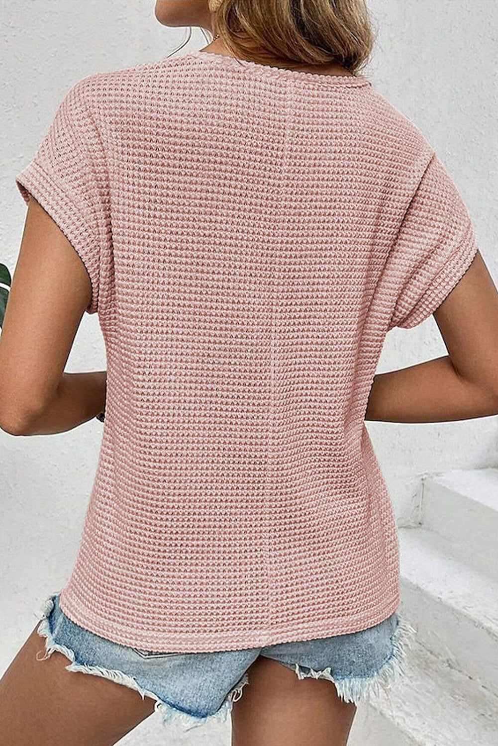 Light Pink Hollow Patchwork Waffle Knit Top - The Fair Lady Shop