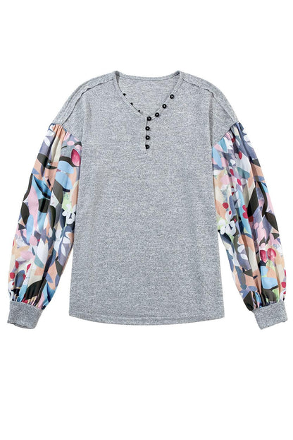 Gray Floral Splicing Lantern Sleeve Buttoned V Neck Top - The Fair Lady Shop