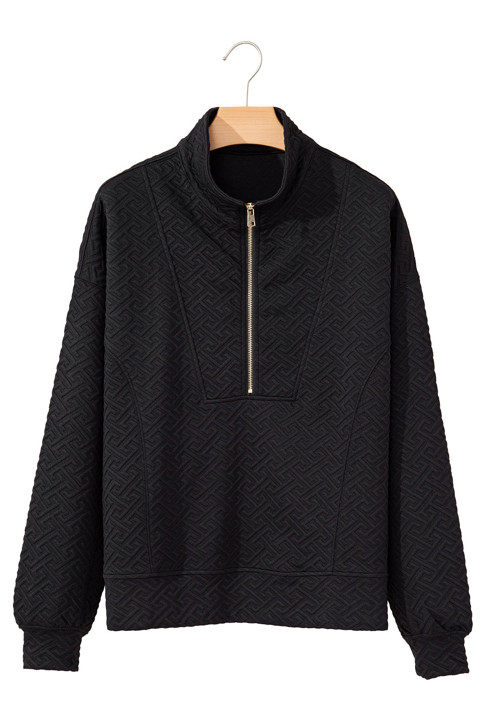 Black Solid Textured Half Zipper Collared Sweatshirt - The Fair Lady Shop