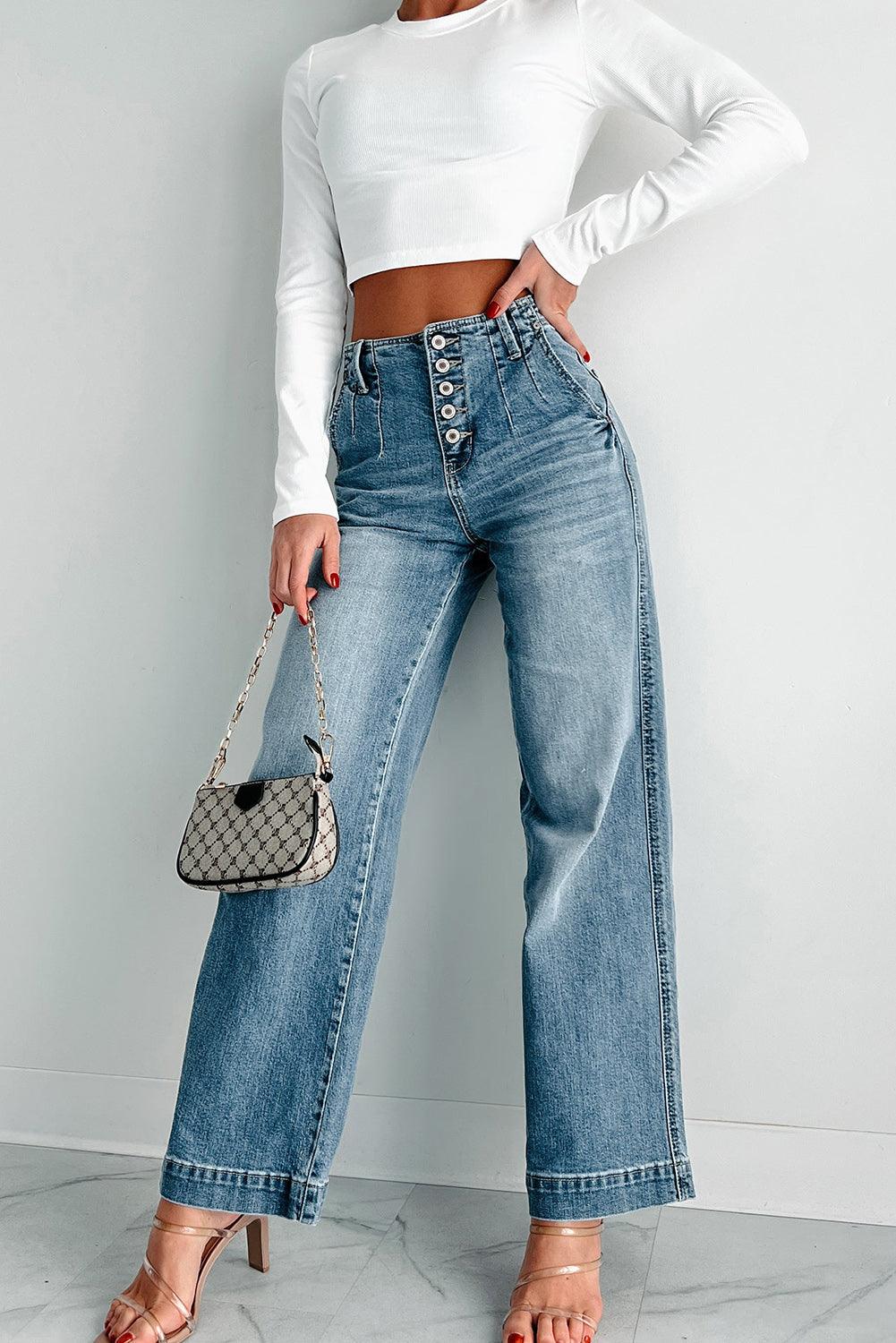 Dusk Blue Multi Button Waist Wash Straight Leg Jeans - The Fair Lady Shop