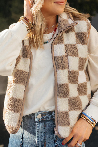 Khaki Checkered Sherpa Collared Jacket Vest - The Fair Lady Shop