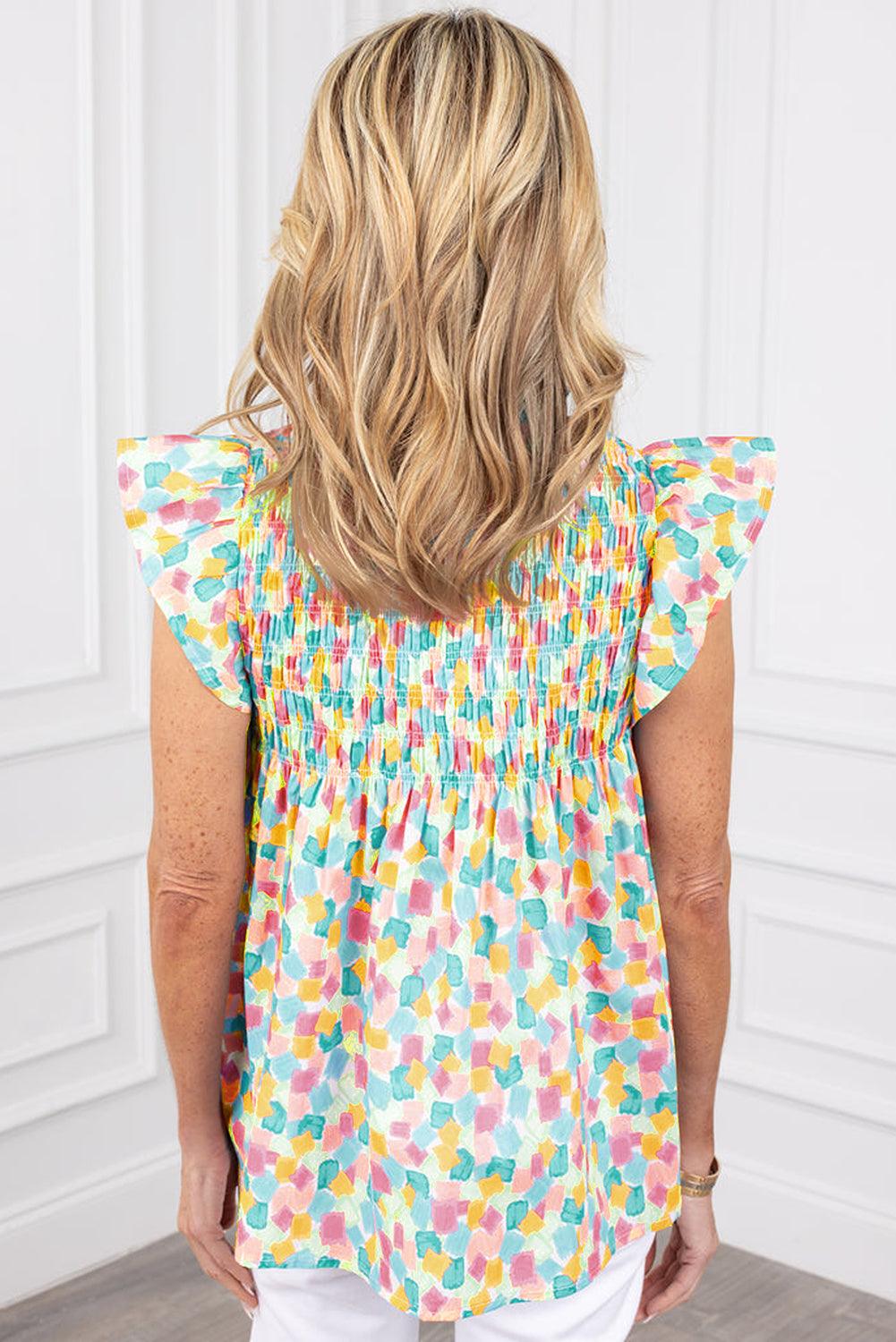 Pink Shirred Yoke Ruffle Abstract Blouse - The Fair Lady Shop