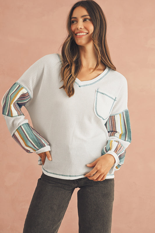 White Striped Patchwork Exposed Seam Waffle Knit Top - The Fair Lady Shop