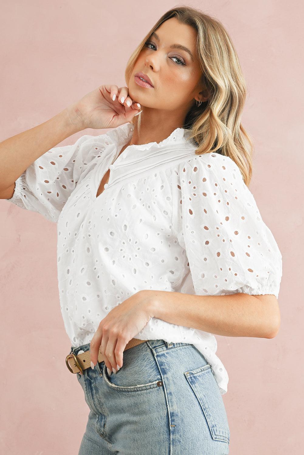 Bonbon Hollow-out Flower Embroidered Short Puff Sleeve Blouse - The Fair Lady Shop