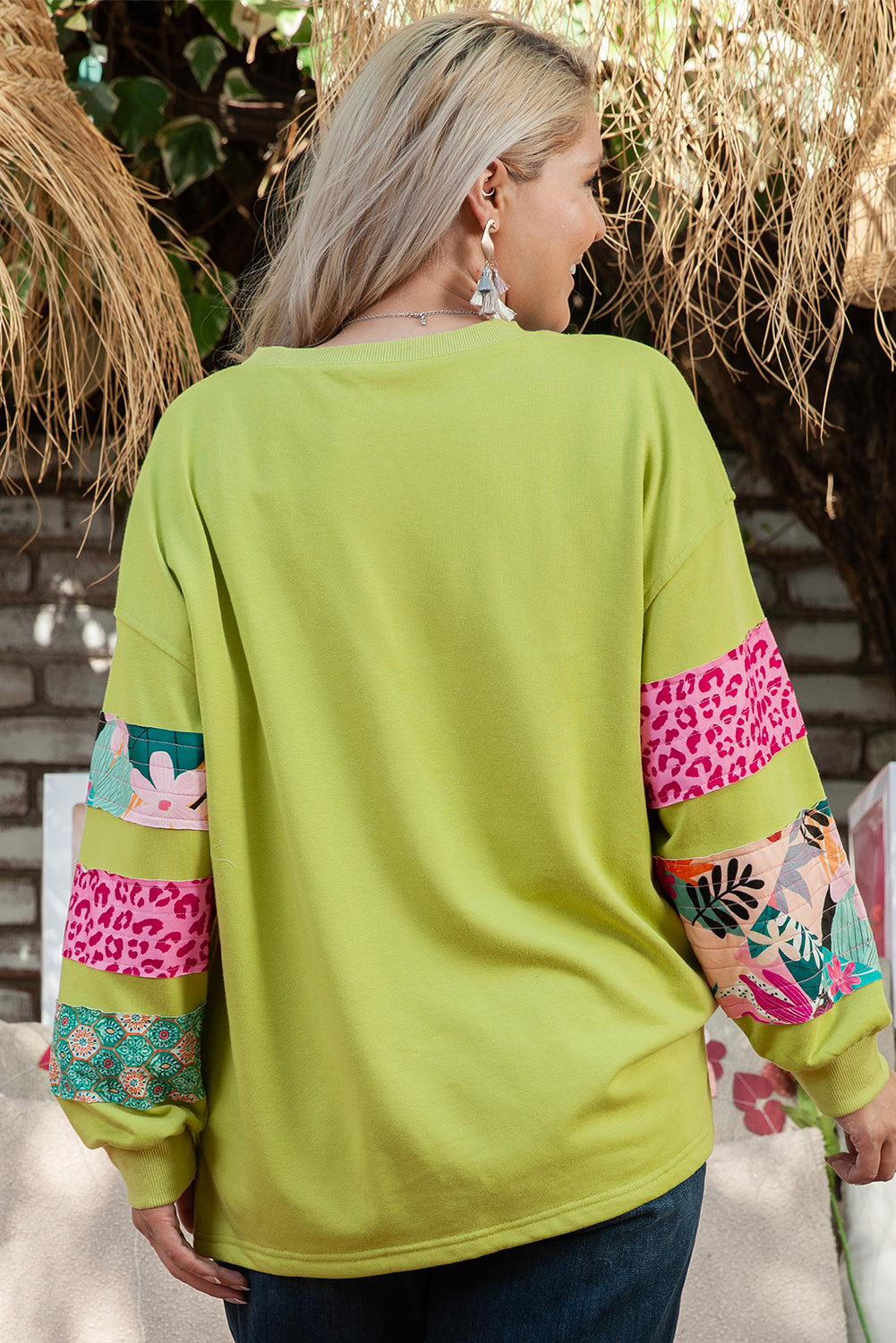 Green Leopard Patchwork Sleeve Split Plus Sweatshirt - The Fair Lady Shop