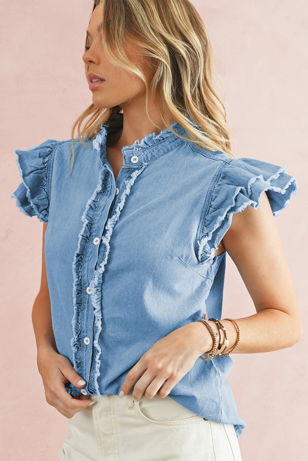 Ashleigh Blue Button Front Ruffled Flutter Frayed Denim Top - The Fair Lady Shop