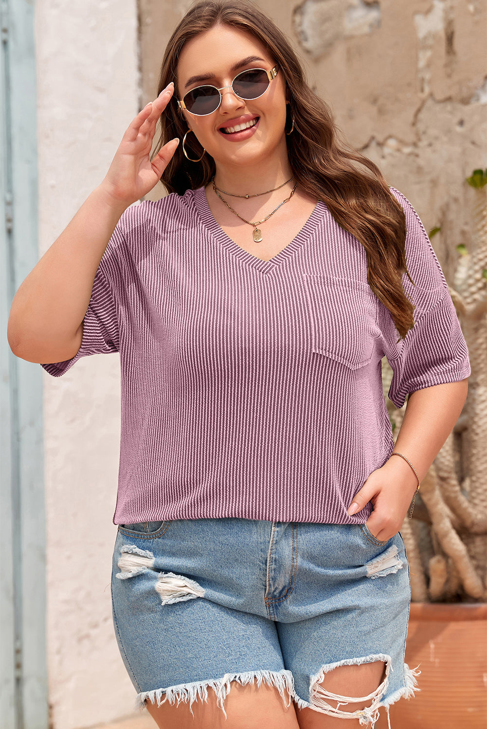 Valerian Twist Corded V-Neck Plain Plus T-Shirt - The Fair Lady Shop