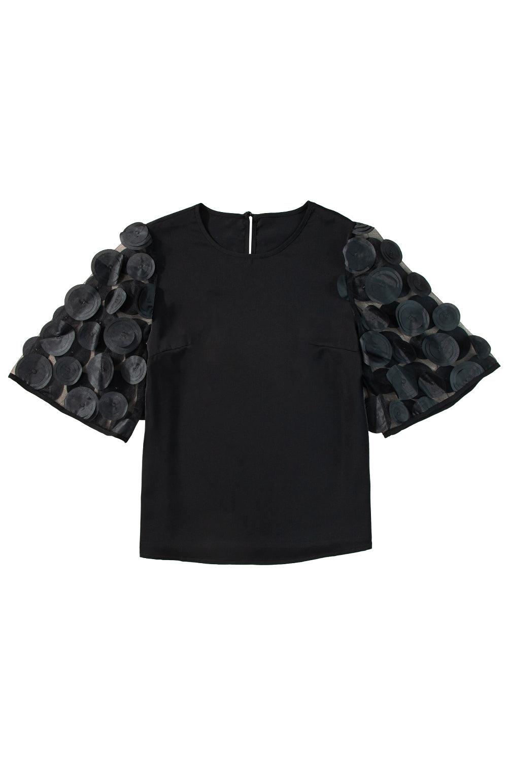 Black Applique Mesh Keyhole Back Splicing Sleeve Blouse - The Fair Lady Shop