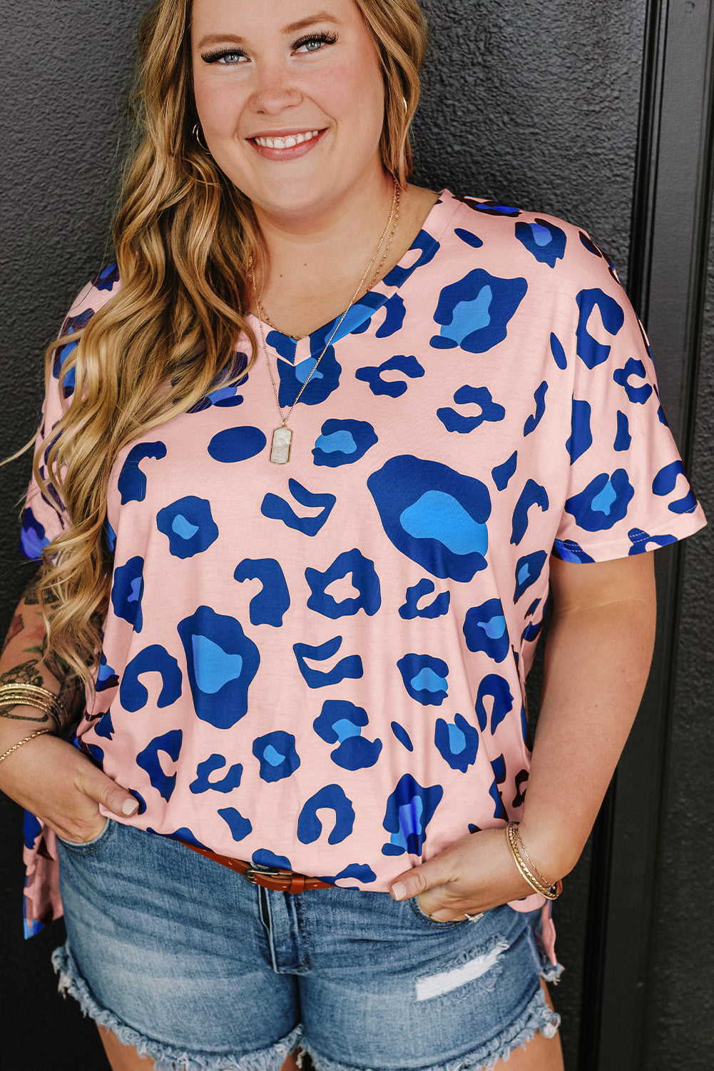 Pink Leopard Print V Neck Plus Size Tee - The Fair Lady Shop