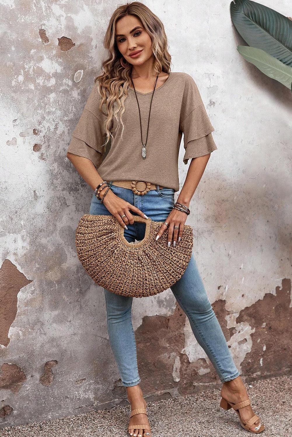 Dune Solid Color V Neck Double Layer Sleeve Loose T-Shirt - The Fair Lady Shop