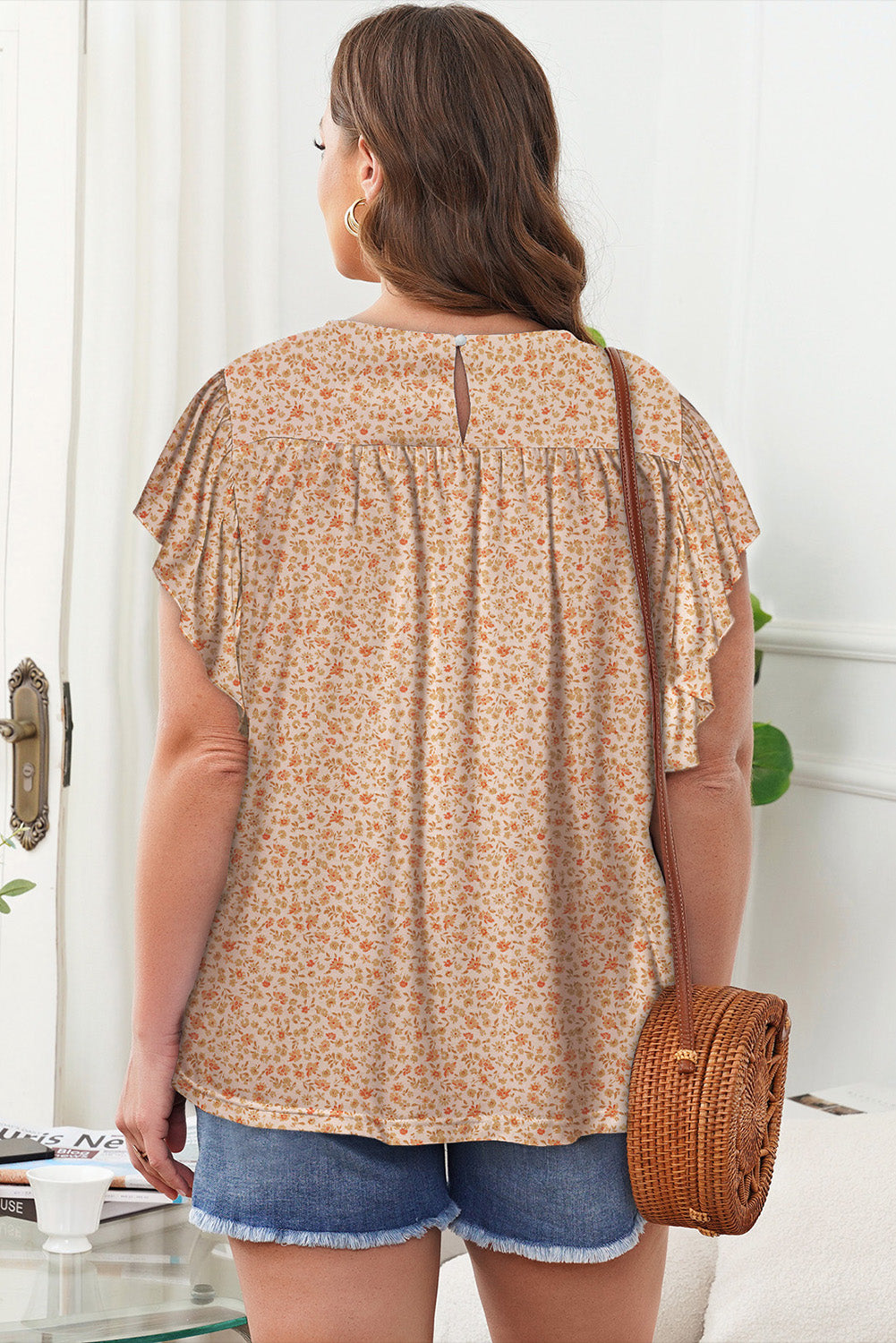Apricot Plus Size Smocked Ditsy Floral Ruffle Blouse - The Fair Lady Shop