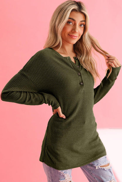 Rose Drop Shoulder Ribbed Knit Long Sleeve Henley Top - The Fair Lady Shop