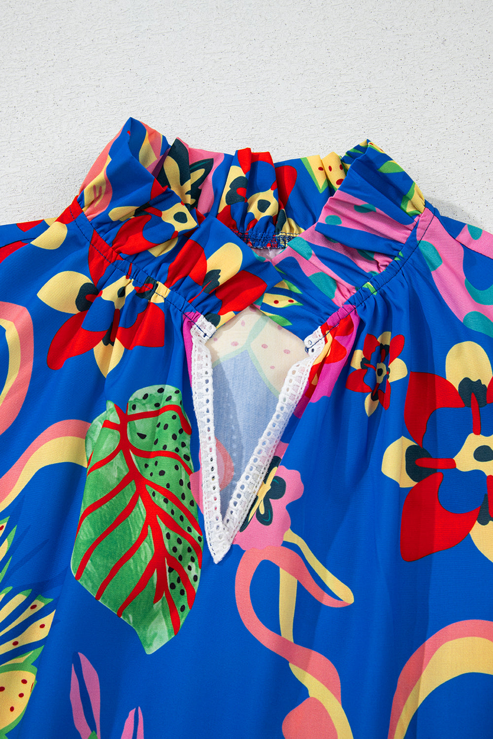 Blue Frill V-neck Abstract Print Blouse - The Fair Lady Shop