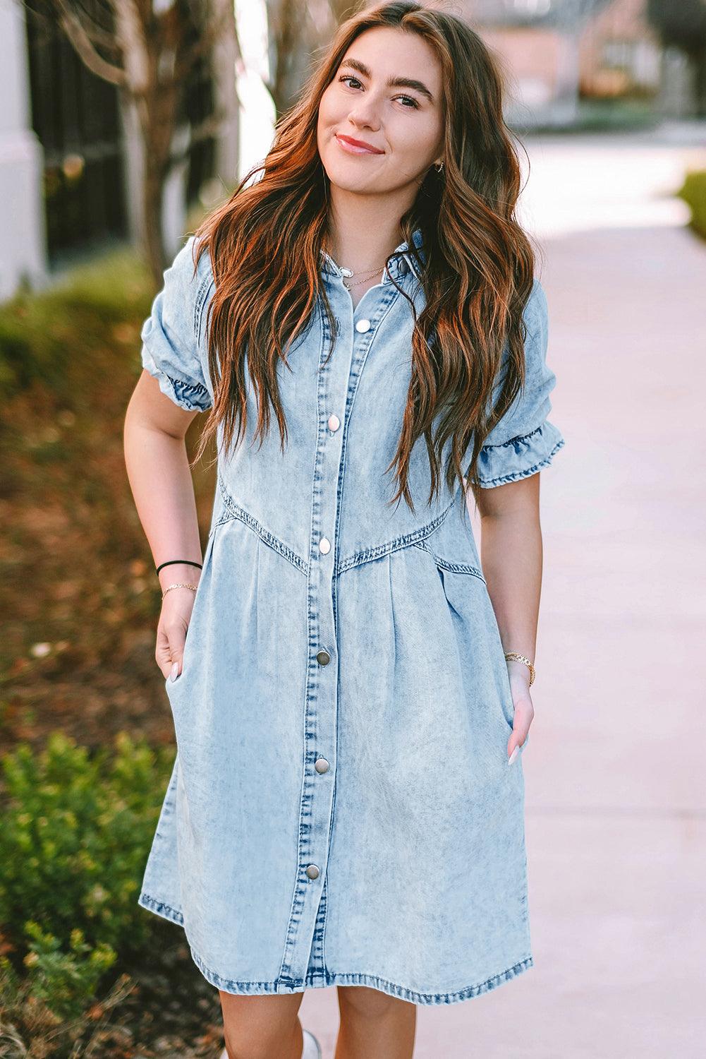 Blue Mineral Washed Ruffled Short Sleeve Pocketed Denim Dress - The Fair Lady Shop