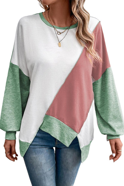 Pink Colorblock Stitching Irregular Hem Long Sleeve Top - The Fair Lady Shop