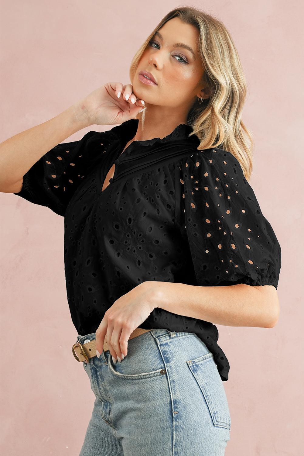 Bonbon Hollow-out Flower Embroidered Short Puff Sleeve Blouse - The Fair Lady Shop