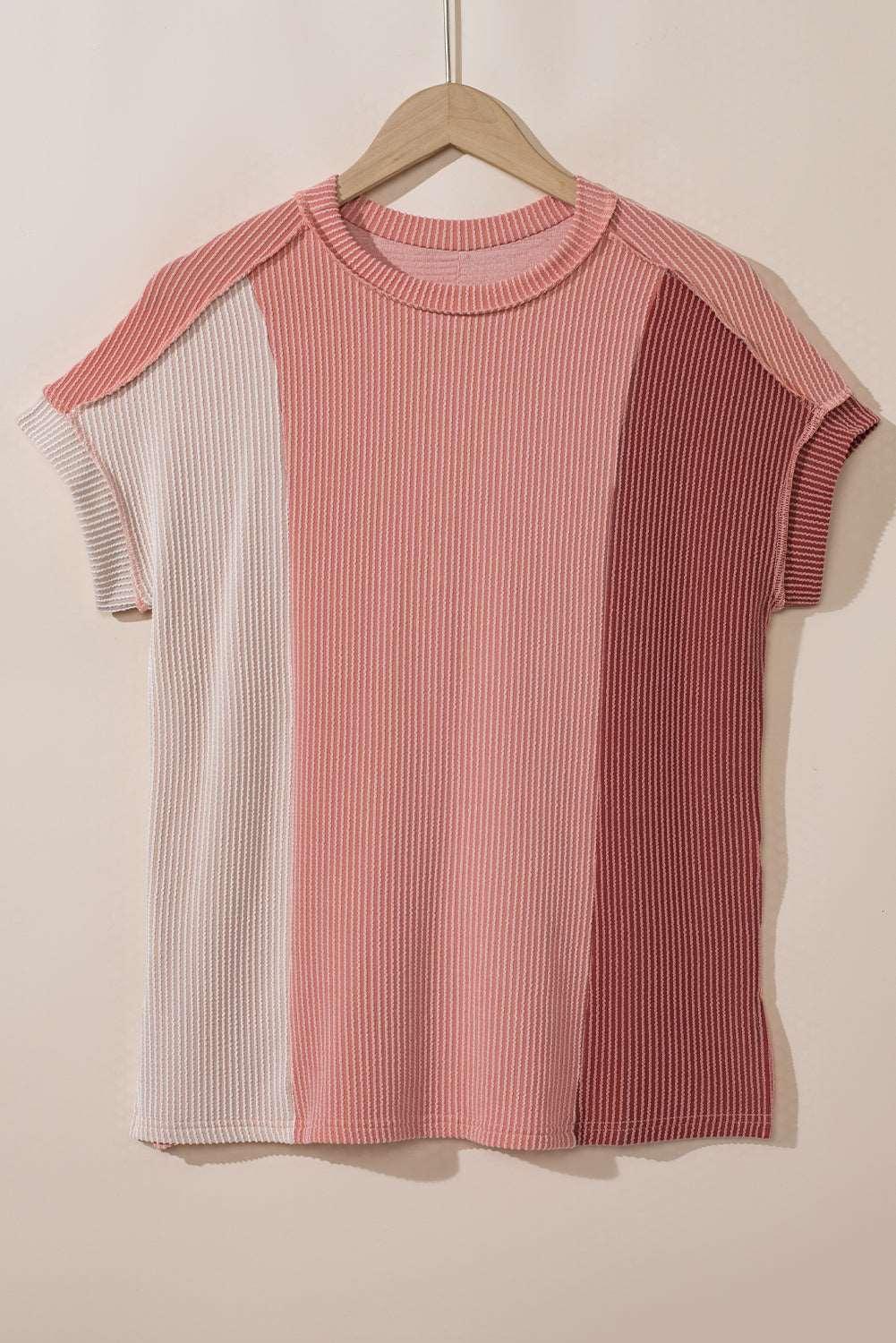 Apricot Pink Colorblock Ribbed Round Neck T Shirt - The Fair Lady Shop