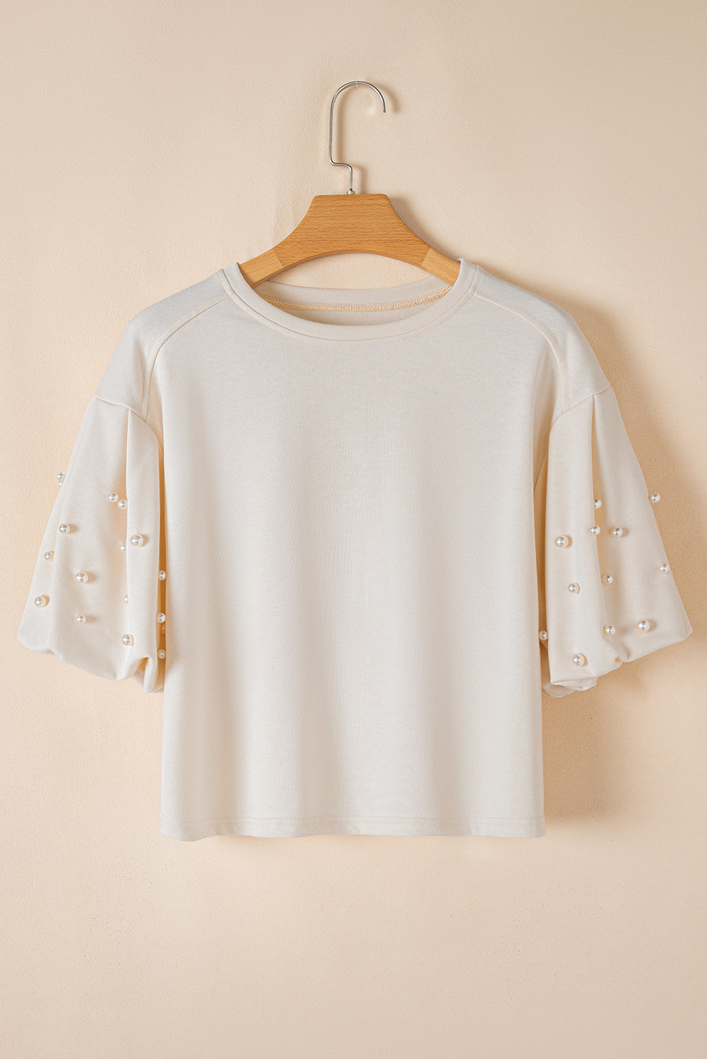 White Pearled Puff Sleeve Round Neck Loose Top - The Fair Lady Shop