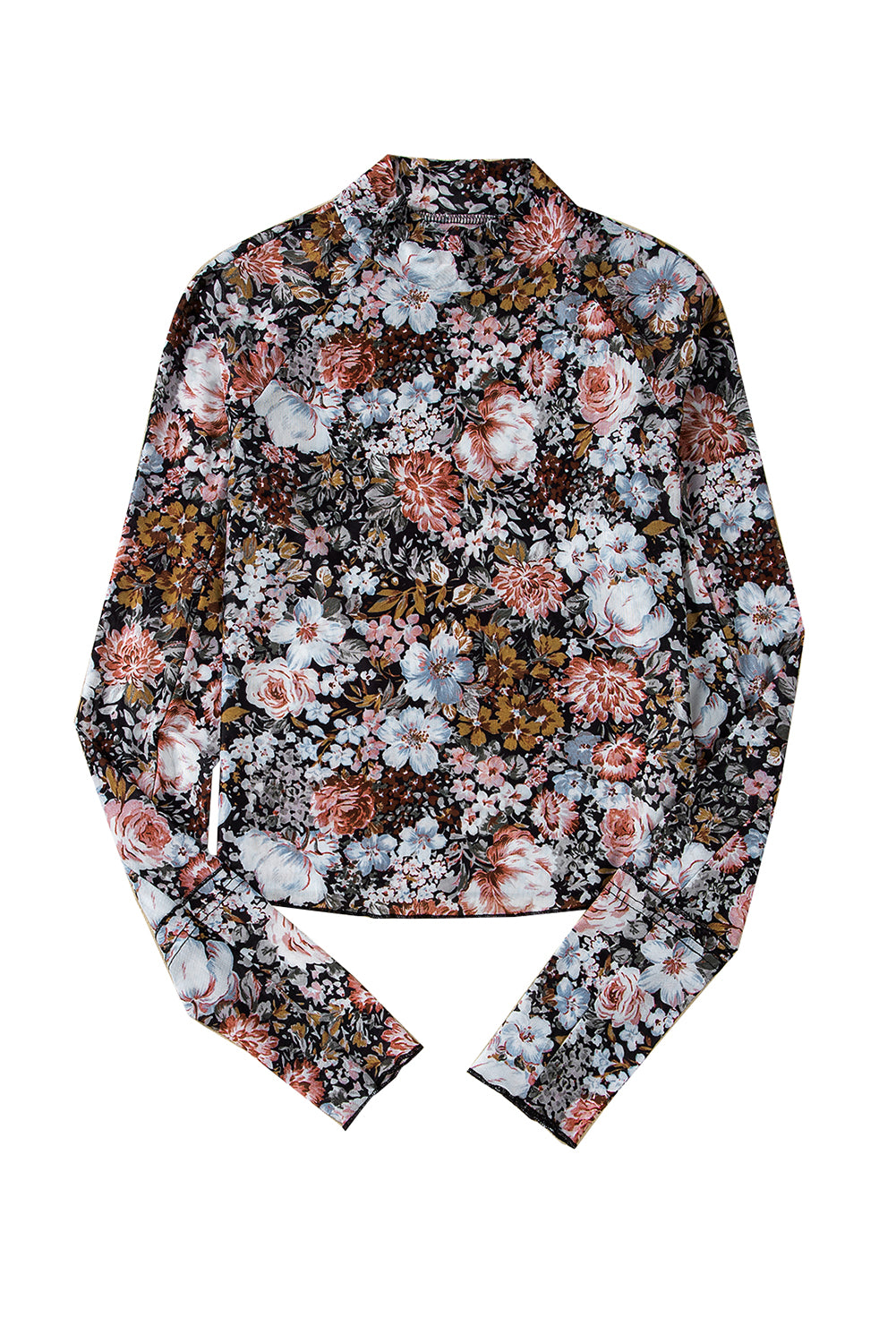 Brown Floral Print Mesh Mock Neck Slim Top - The Fair Lady Shop
