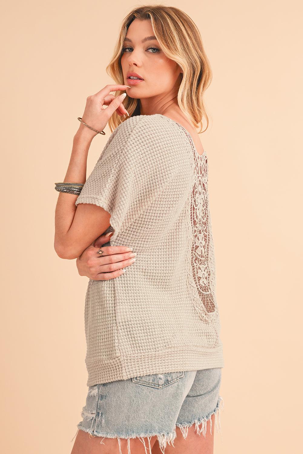 Oatmeal Guipure Lace Splicing Back Waffle Textured T-shirt - The Fair Lady Shop