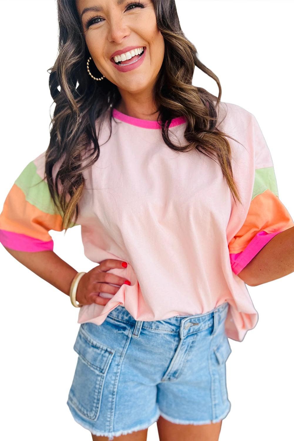 Pink Color Block Sleeve Round Neck Oversize Top - The Fair Lady Shop