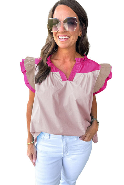 Mist Blue Colorblock Ruffled Sleeve Frill V Neck Blouse - The Fair Lady Shop