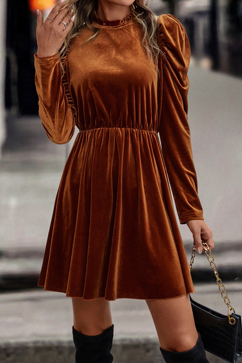 Chestnut Velvet Frilled Neck Gigot Sleeve Swing Dress - The Fair Lady Shop