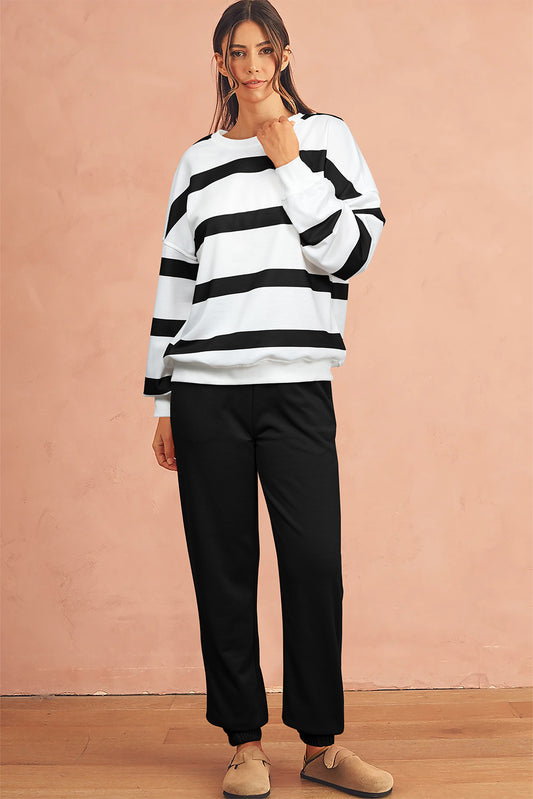 Black Striped Drop Shoulder Pullover and Joggers Set - The Fair Lady Shop