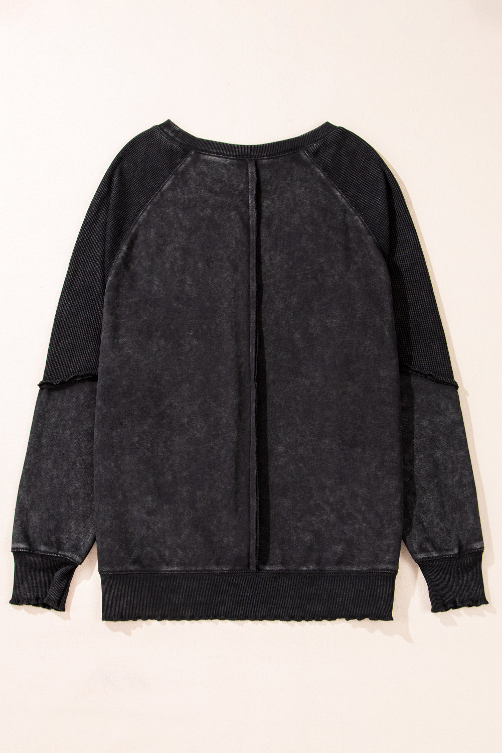 Black Solid Waffle Knit Patchwork Raglan Sleeve Sweatshirt - The Fair Lady Shop
