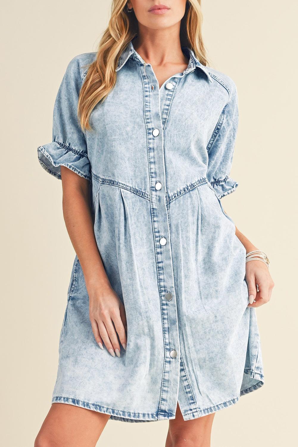 Blue Mineral Washed Ruffled Short Sleeve Pocketed Denim Dress - The Fair Lady Shop