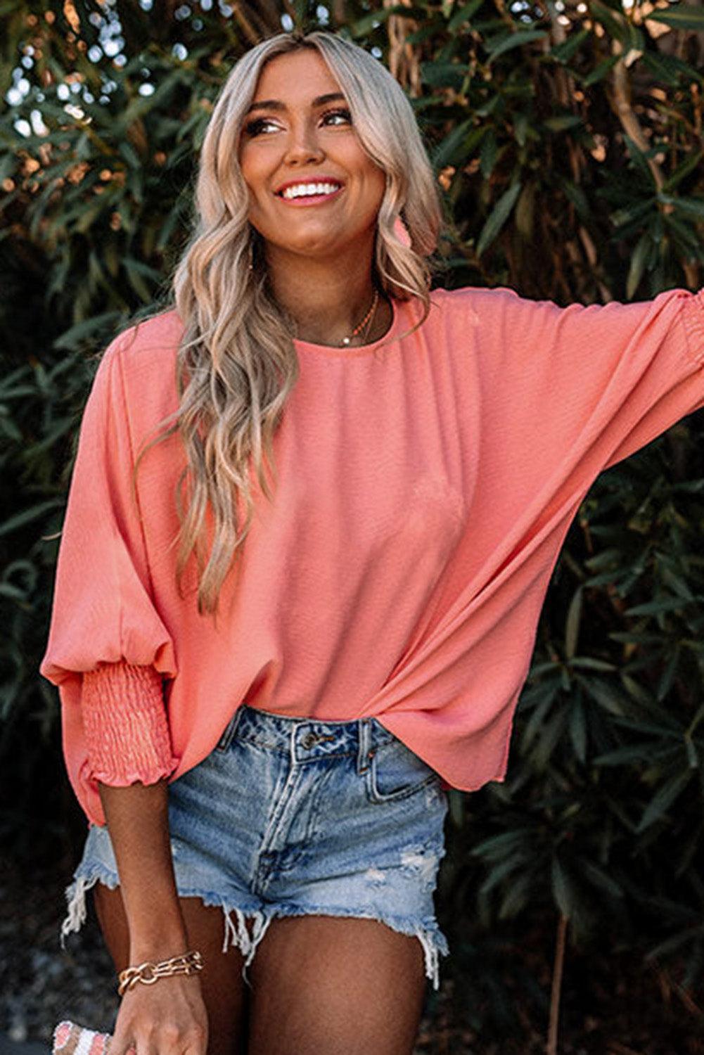 White Plain & Casual Shirred Cuffs Half Sleeve Top - The Fair Lady Shop
