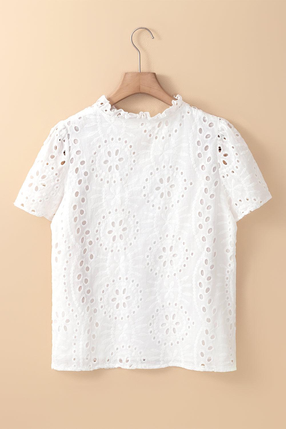 White Boho Geometric Pattern V Neck Cut-out Blouse - The Fair Lady Shop