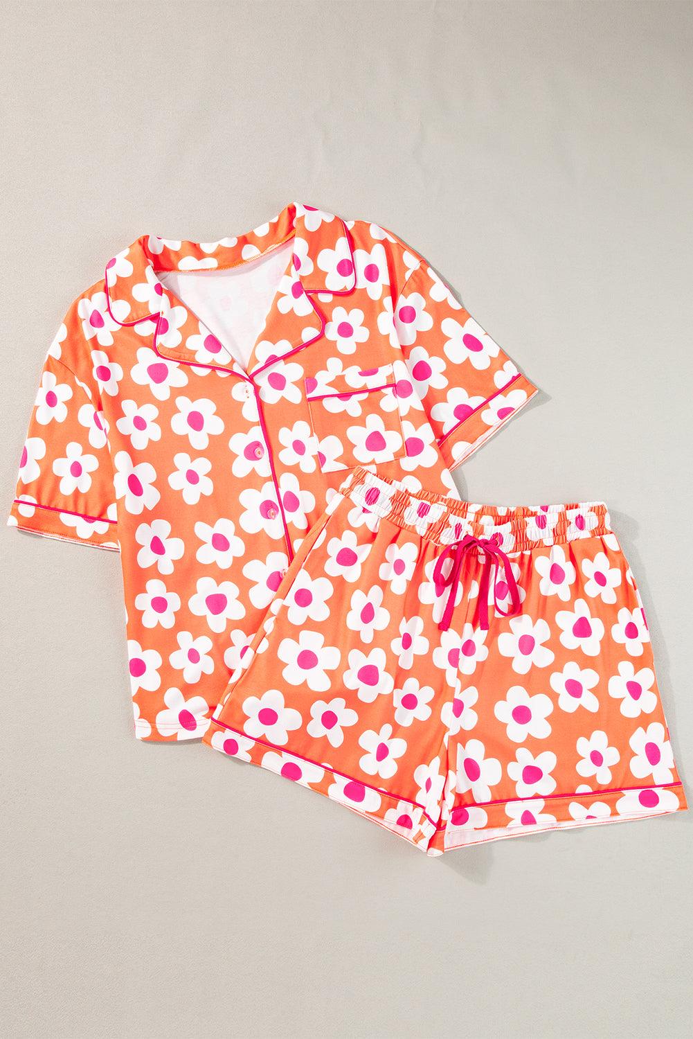 Green Flower Print Buttoned Shirt and Drawstring Waist Pajama Set - The Fair Lady Shop