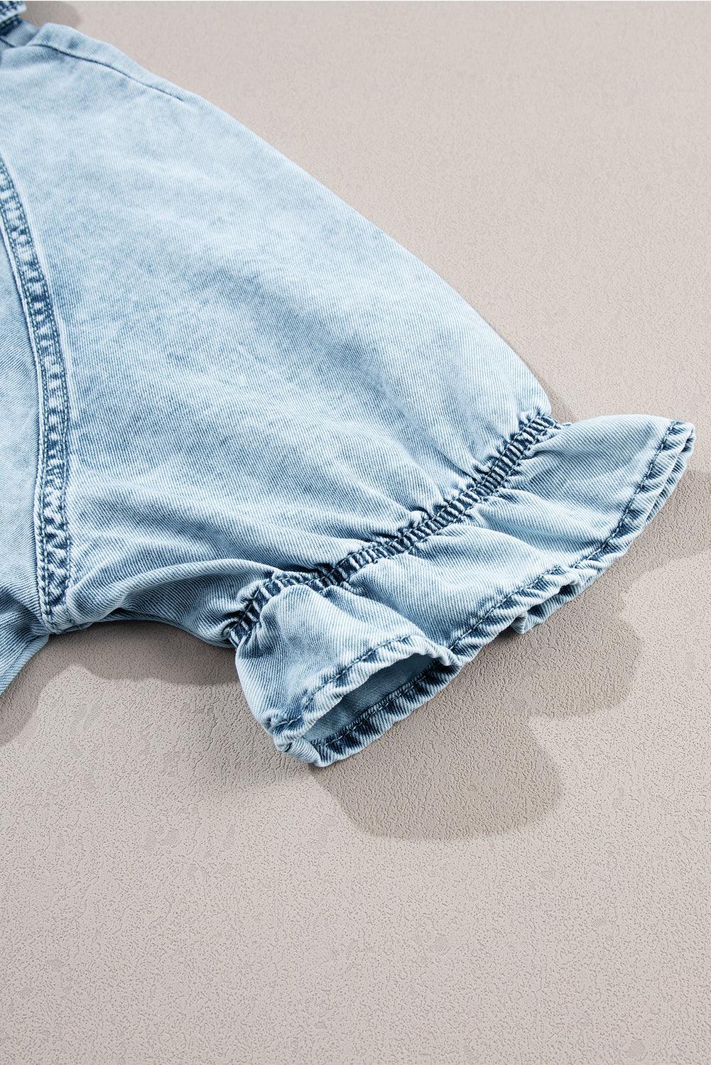 Blue Mineral Washed Ruffled Short Sleeve Pocketed Denim Dress - The Fair Lady Shop