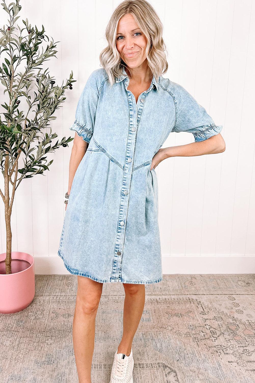Blue Mineral Washed Ruffled Short Sleeve Pocketed Denim Dress - The Fair Lady Shop