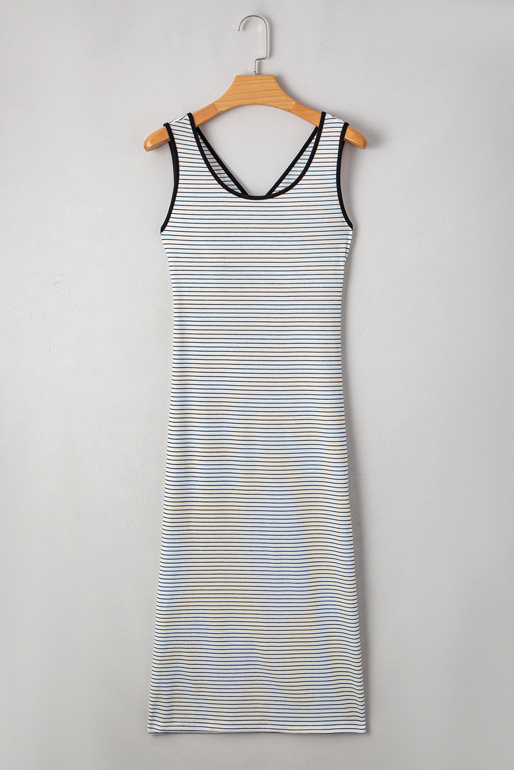 White Striped Criss Cross Back Side Slits Slim Fit Sleeveless Dress - The Fair Lady Shop