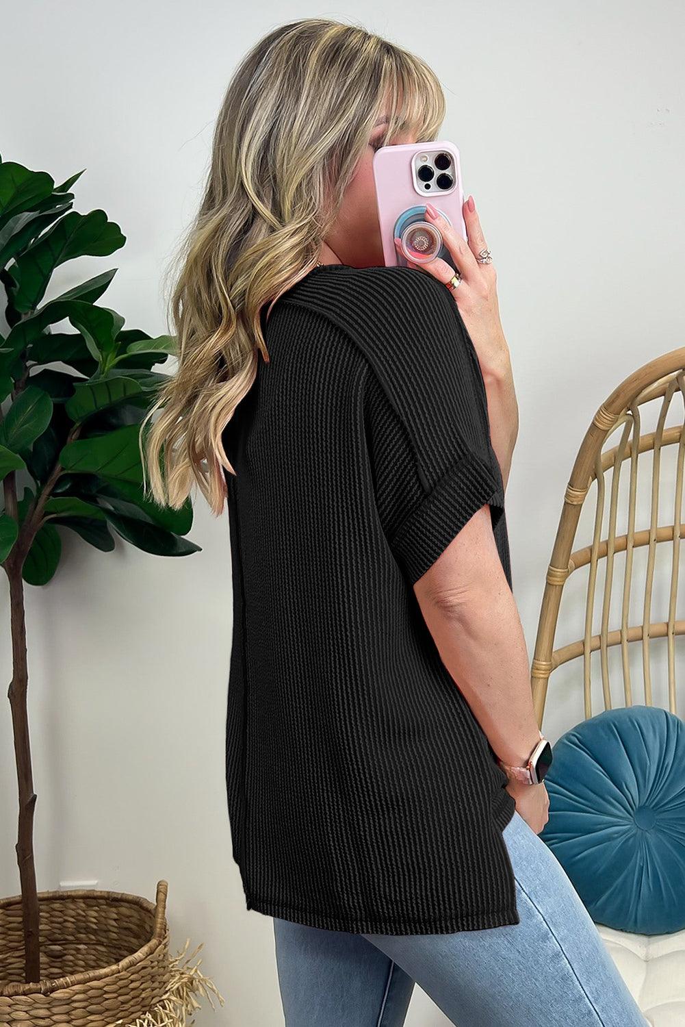 Medium Grey Ribbed Knit Exposed Seam Round Neck T-shirt - The Fair Lady Shop