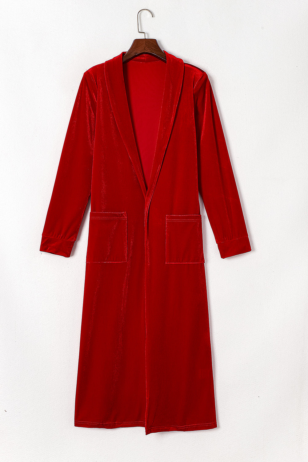 Red Velvet Elegant Open Front Pocket Long Cardigan - The Fair Lady Shop