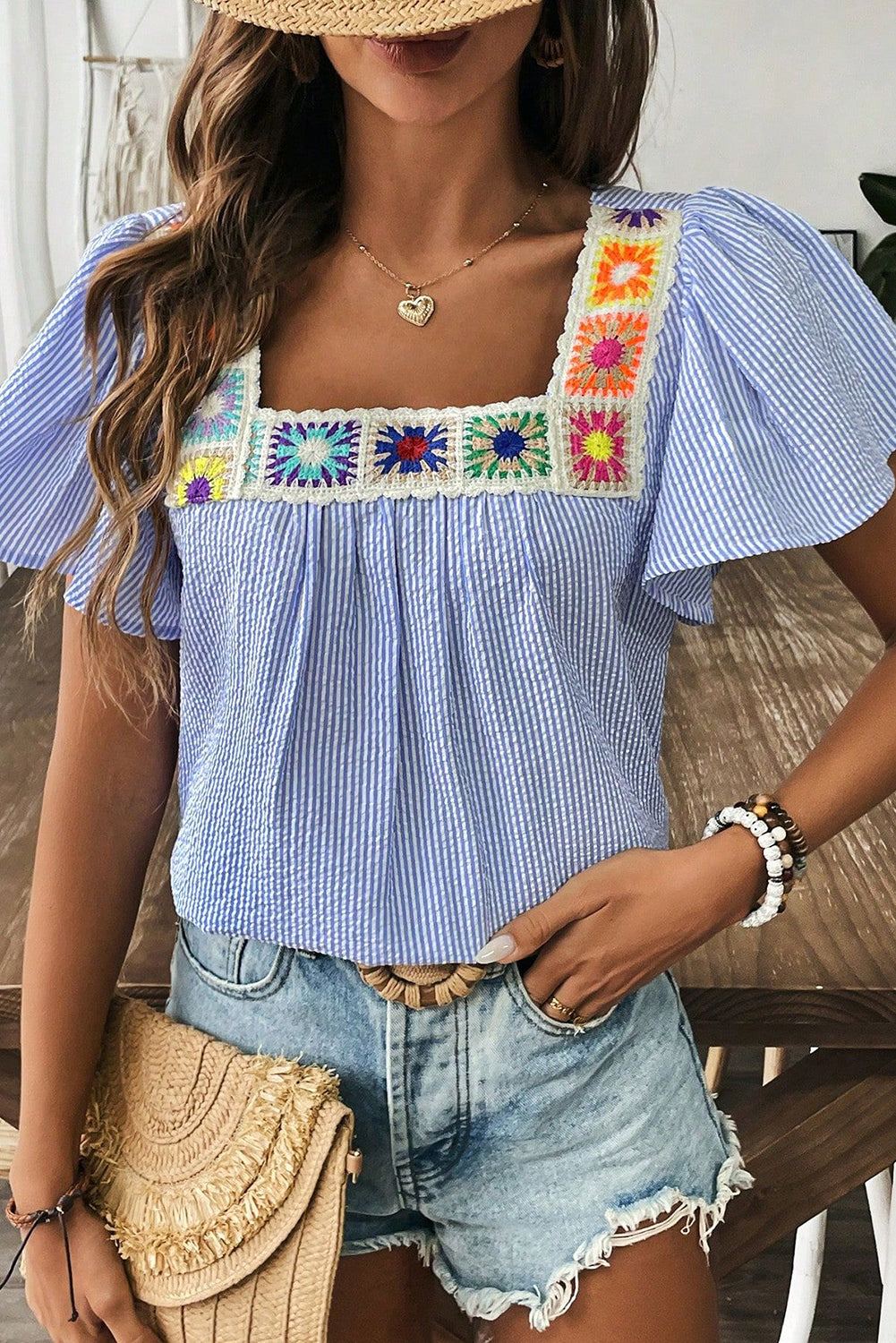 Sky Blue Striped Crochet Applique Boho Blouse - The Fair Lady Shop